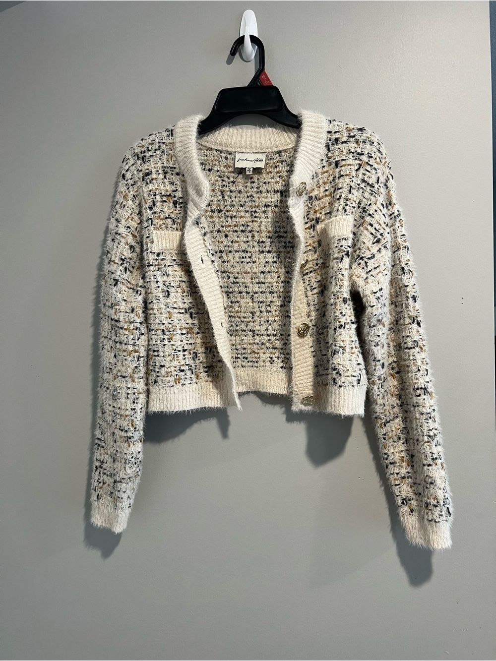 Textured Cream Tweed Cropped Cardigan with Gold Buttons